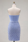 Corset Tight Short Strapless Basque Waist Blue Homecoming Dress with Pearls