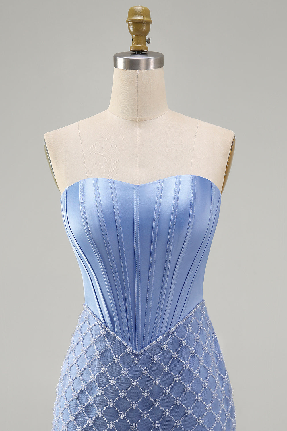 Corset Tight Short Strapless Basque Waist Blue Homecoming Dress with Pearls