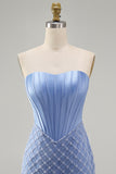 Corset Tight Short Strapless Basque Waist Blue Homecoming Dress with Pearls