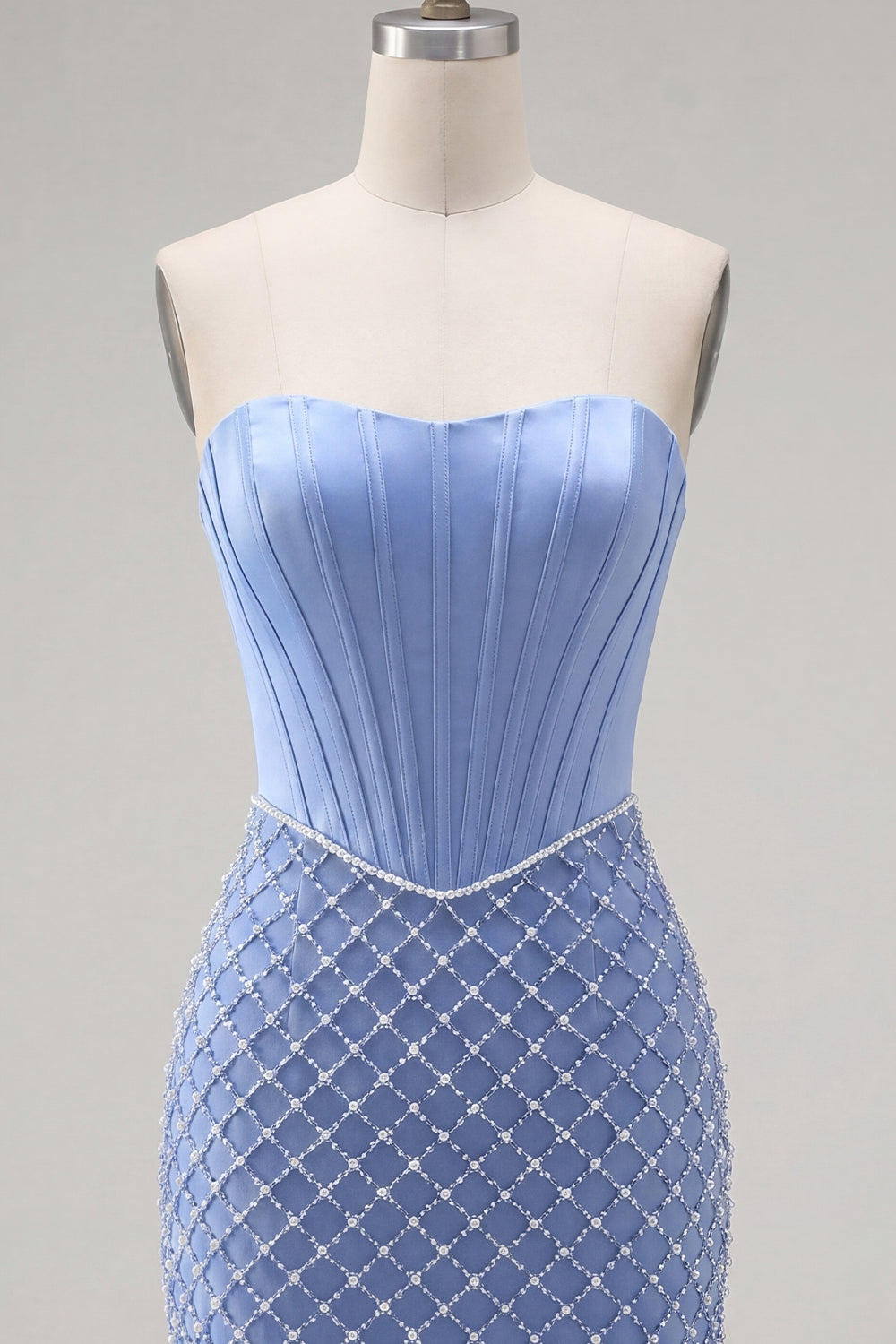 Corset Tight Short Strapless Basque Waist Blue Homecoming Dress with Pearls