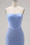 Corset Tight Short Strapless Basque Waist Blue Homecoming Dress with Pearls