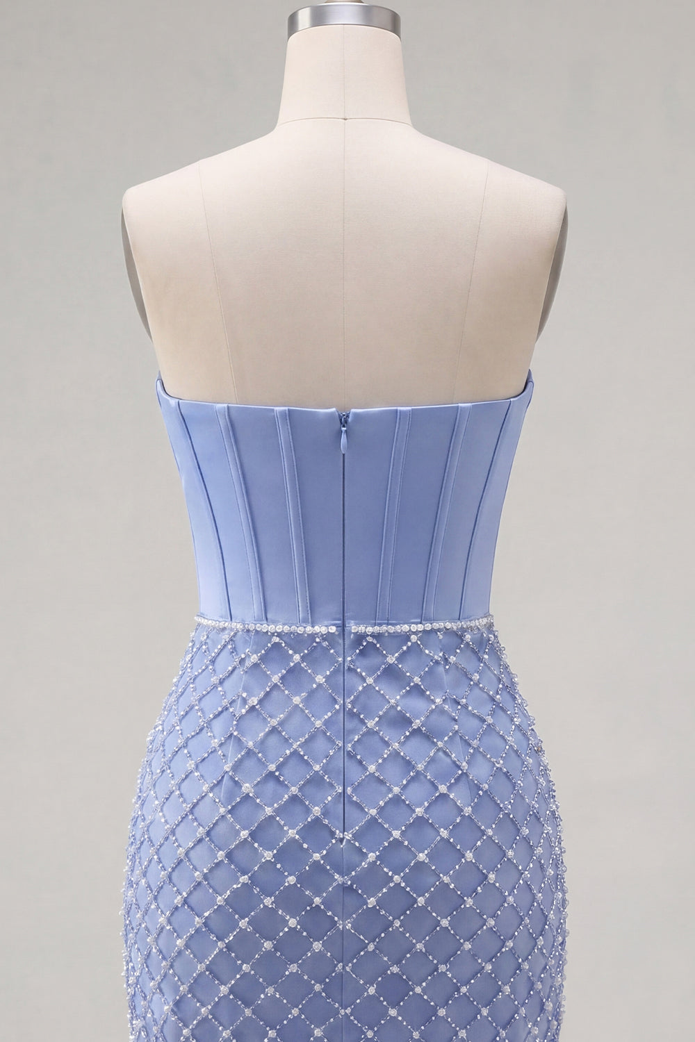 Corset Tight Short Strapless Basque Waist Blue Homecoming Dress with Pearls