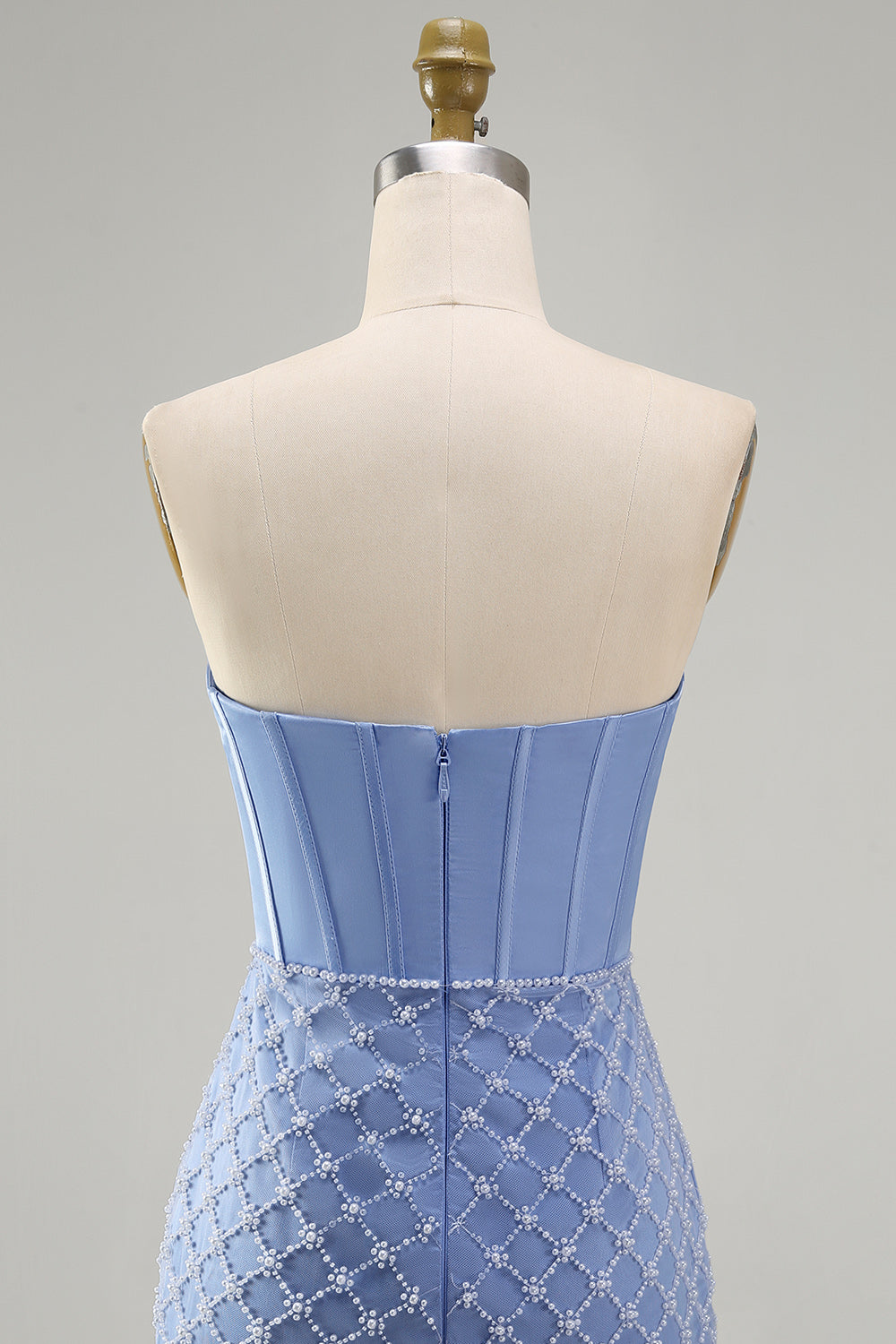 Corset Tight Short Strapless Basque Waist Blue Homecoming Dress with Pearls