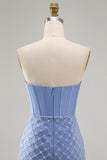 Corset Tight Short Strapless Basque Waist Blue Homecoming Dress with Pearls
