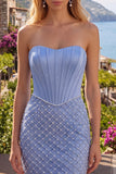 Corset Tight Short Strapless Basque Waist Blue Homecoming Dress with Pearls