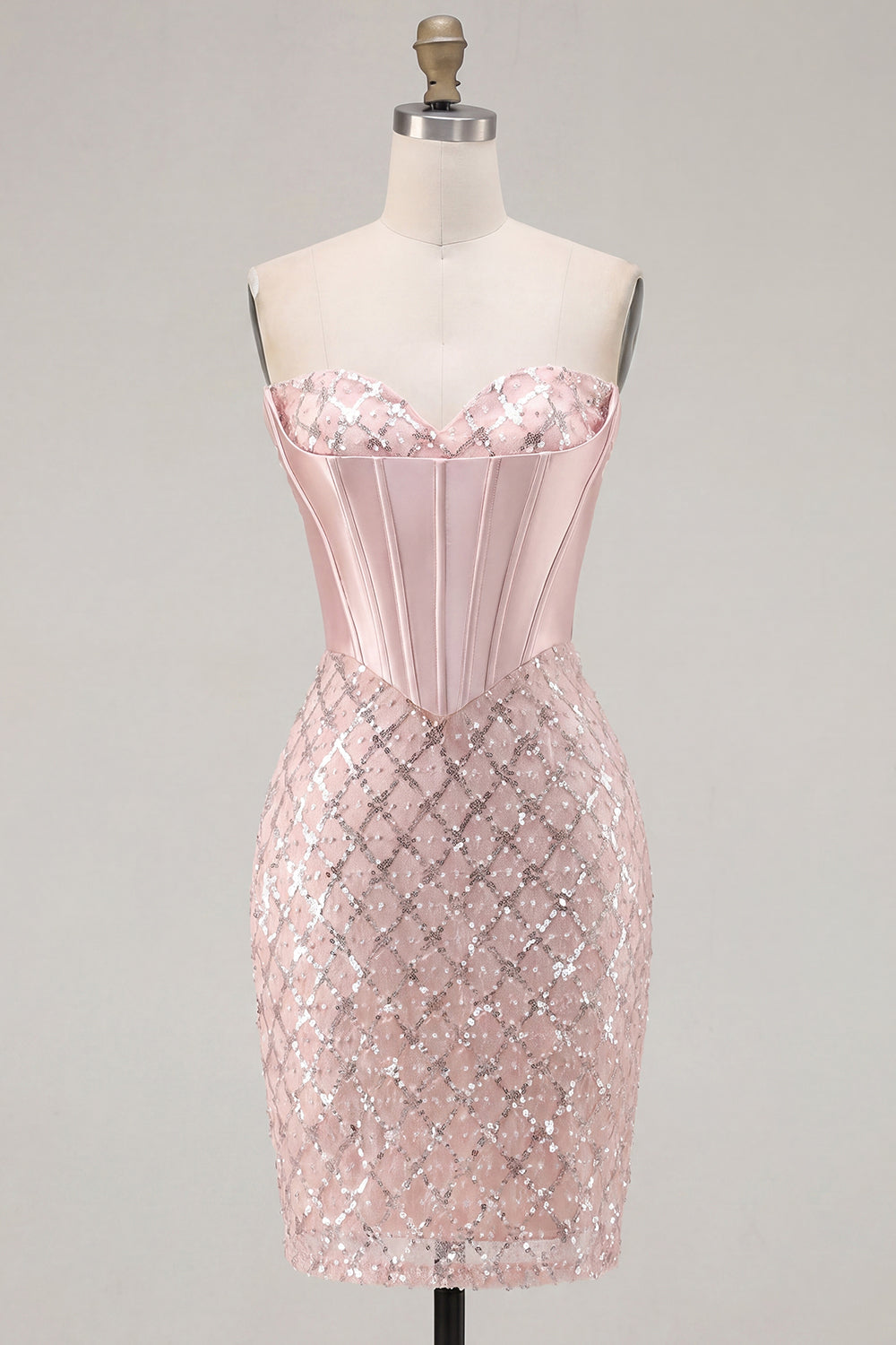 Sparkly Blush Corset Tight Short Strapless Homecoming Dress with Beading