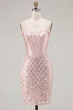 Sparkly Blush Corset Tight Short Strapless Homecoming Dress with Beading