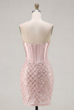 Sparkly Blush Corset Tight Short Strapless Homecoming Dress with Beading