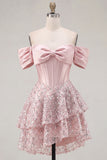 A Line Sparkly Blush Corset Beaded Short Homecoming Dress with Ruffles