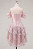 A Line Sparkly Blush Corset Beaded Short Homecoming Dress with Ruffles