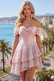 A Line Sparkly Blush Corset Beaded Short Homecoming Dress with Ruffles