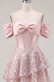 A Line Sparkly Blush Corset Beaded Short Homecoming Dress with Ruffles