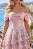 A Line Sparkly Blush Corset Beaded Short Homecoming Dress with Ruffles