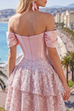 A Line Sparkly Blush Corset Beaded Short Homecoming Dress with Ruffles