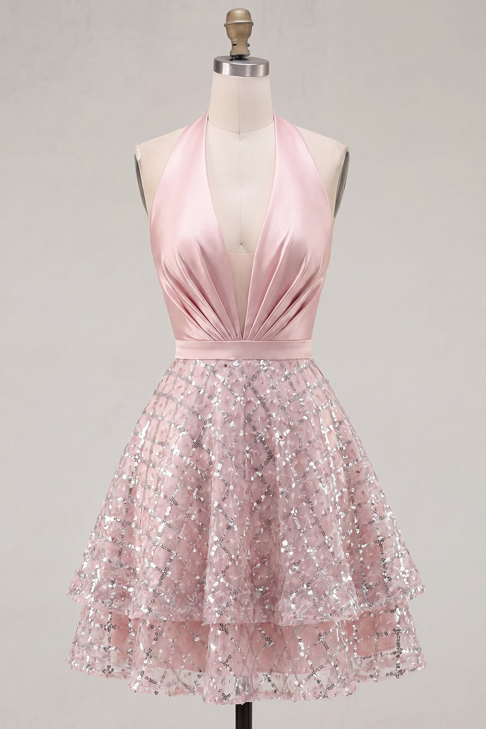 Halter Short A Line Sparkly Blush Beaded Homecoming Dress with Ruffles