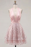 Halter Short A Line Sparkly Blush Beaded Homecoming Dress with Ruffles