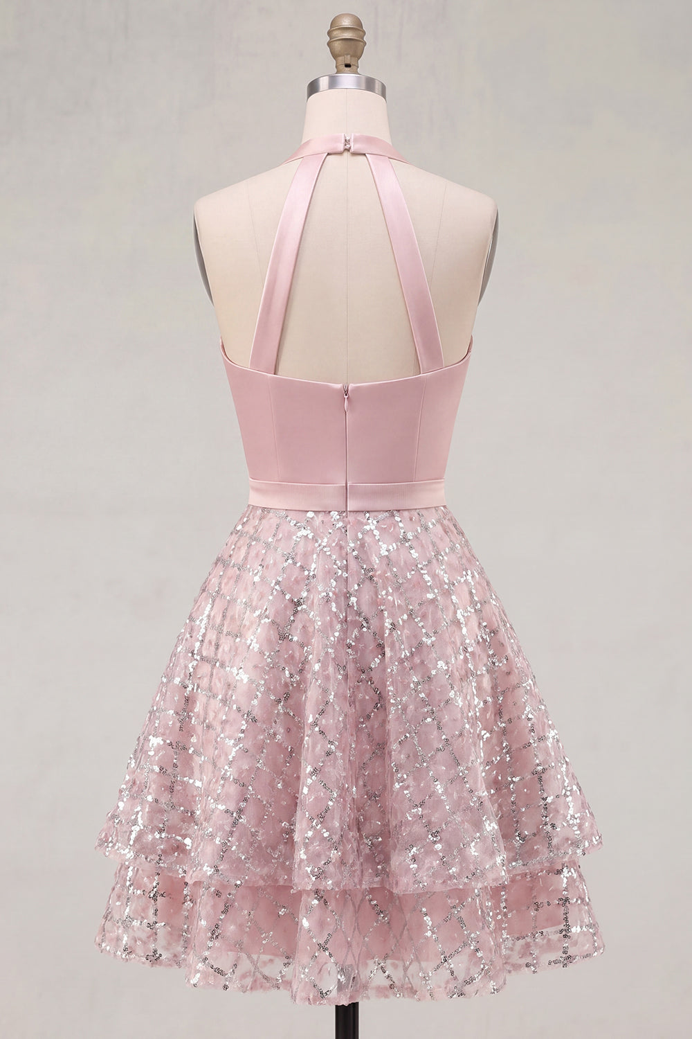 Halter Short A Line Sparkly Blush Beaded Homecoming Dress with Ruffles