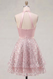 Halter Short A Line Sparkly Blush Beaded Homecoming Dress with Ruffles