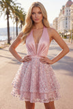 Halter Short A Line Sparkly Blush Beaded Homecoming Dress with Ruffles