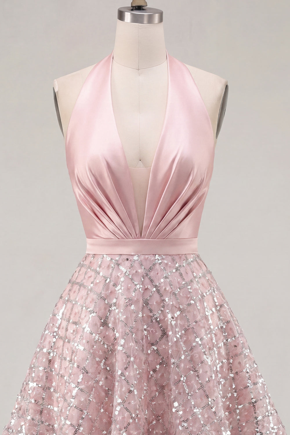 Halter Short A Line Sparkly Blush Beaded Homecoming Dress with Ruffles