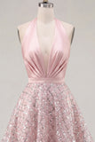 Halter Short A Line Sparkly Blush Beaded Homecoming Dress with Ruffles