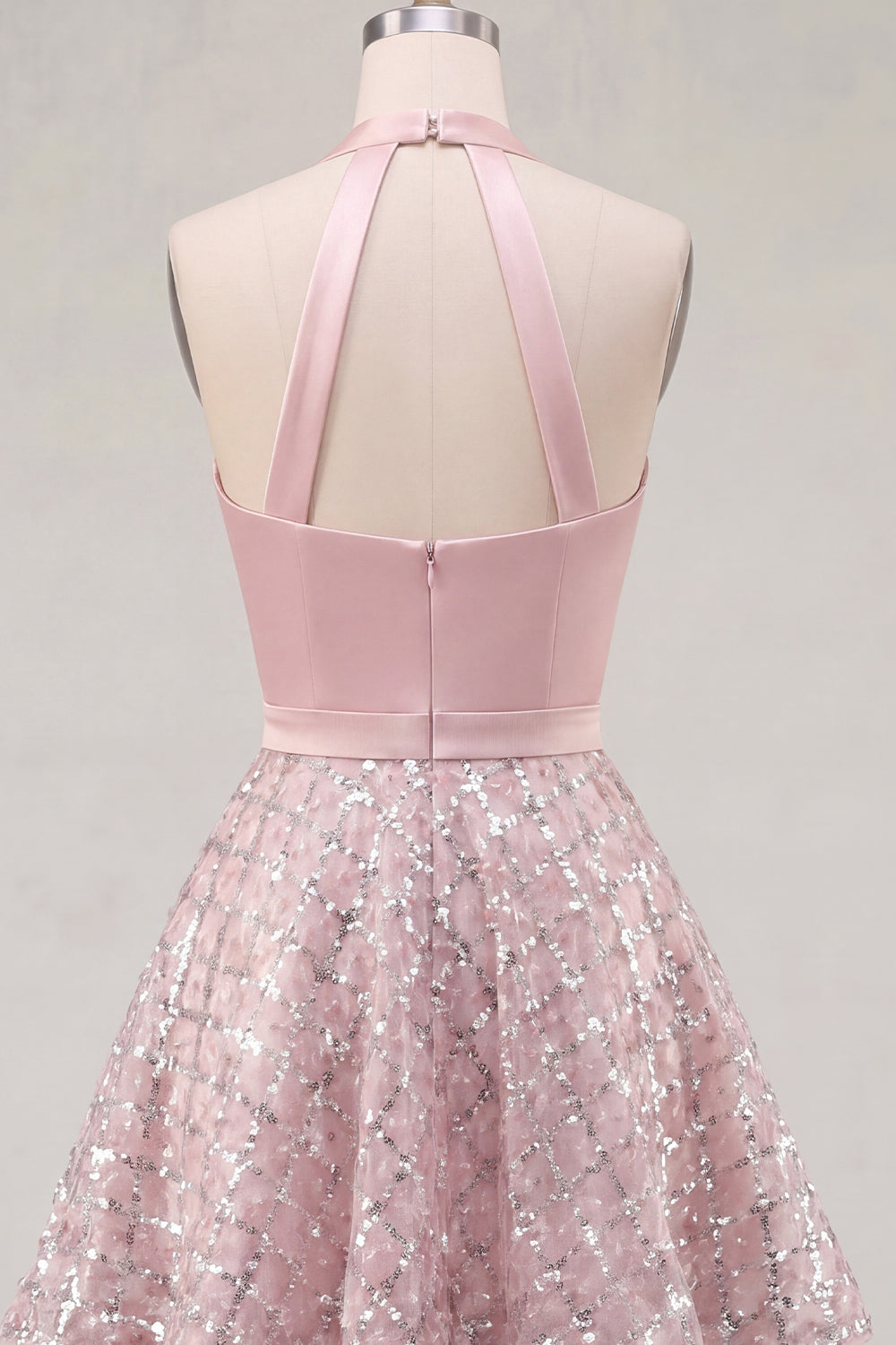 Halter Short A Line Sparkly Blush Beaded Homecoming Dress with Ruffles