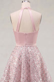Halter Short A Line Sparkly Blush Beaded Homecoming Dress with Ruffles