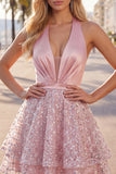 Halter Short A Line Sparkly Blush Beaded Homecoming Dress with Ruffles
