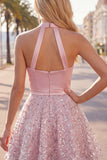 Halter Short A Line Sparkly Blush Beaded Homecoming Dress with Ruffles