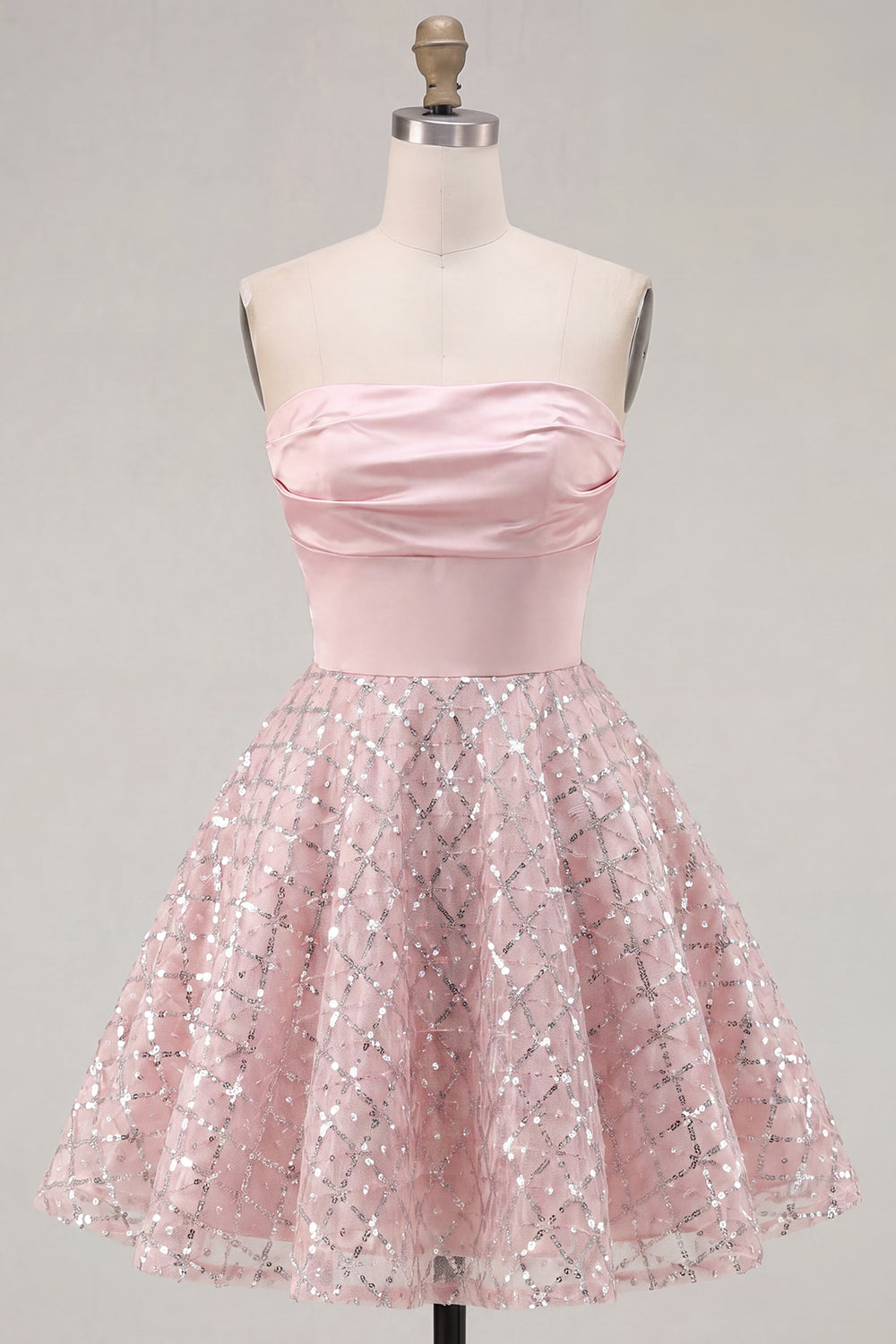 Ruched Strapless Short A Line Sparkly Blush Beaded Homecoming Dress