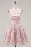Ruched Strapless Short A Line Sparkly Blush Beaded Homecoming Dress