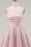 Ruched Strapless Short A Line Sparkly Blush Beaded Homecoming Dress