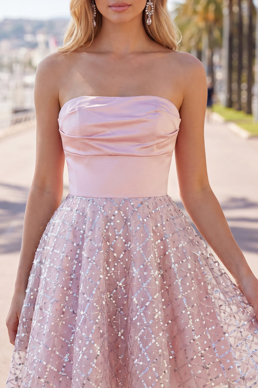 Ruched Strapless Short A Line Sparkly Blush Beaded Homecoming Dress