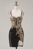 Tight Short Corset Sparkly Dark Green Ruched Appliqued Homecoming Dress with Slit