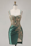 Tight Short Corset Sparkly Dark Green Ruched Appliqued Homecoming Dress with Slit