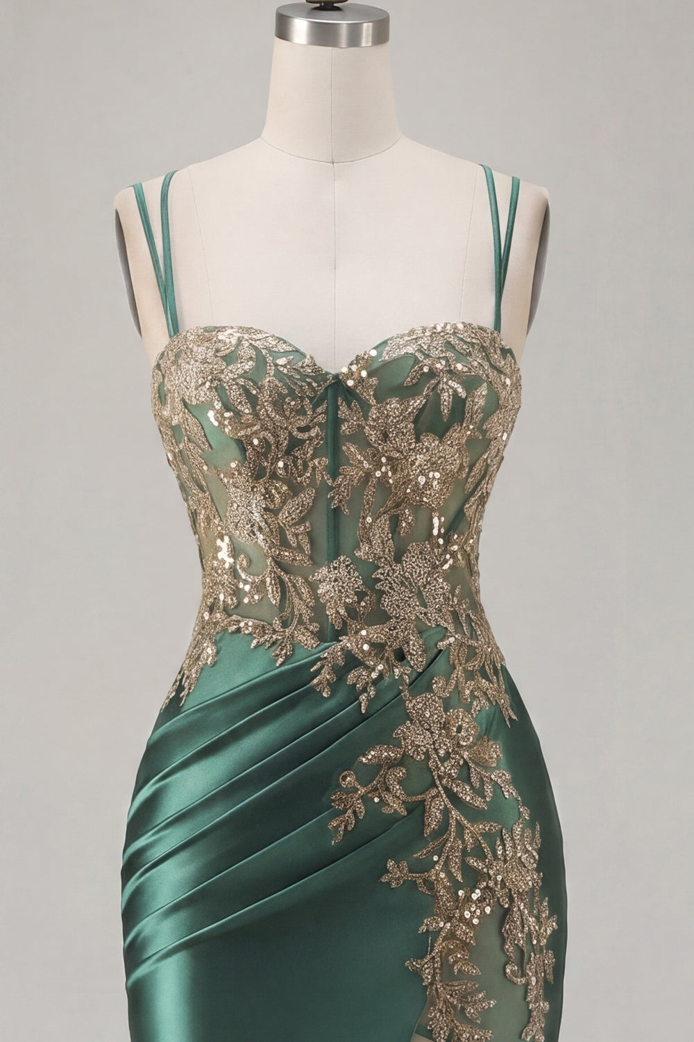 Tight Short Corset Sparkly Dark Green Ruched Appliqued Homecoming Dress with Slit