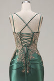 Tight Short Corset Sparkly Dark Green Ruched Appliqued Homecoming Dress with Slit