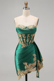 Strapless Corset Ruched Short Sparkly Dark Green Appliqued Homecoming Dress with Ruffles