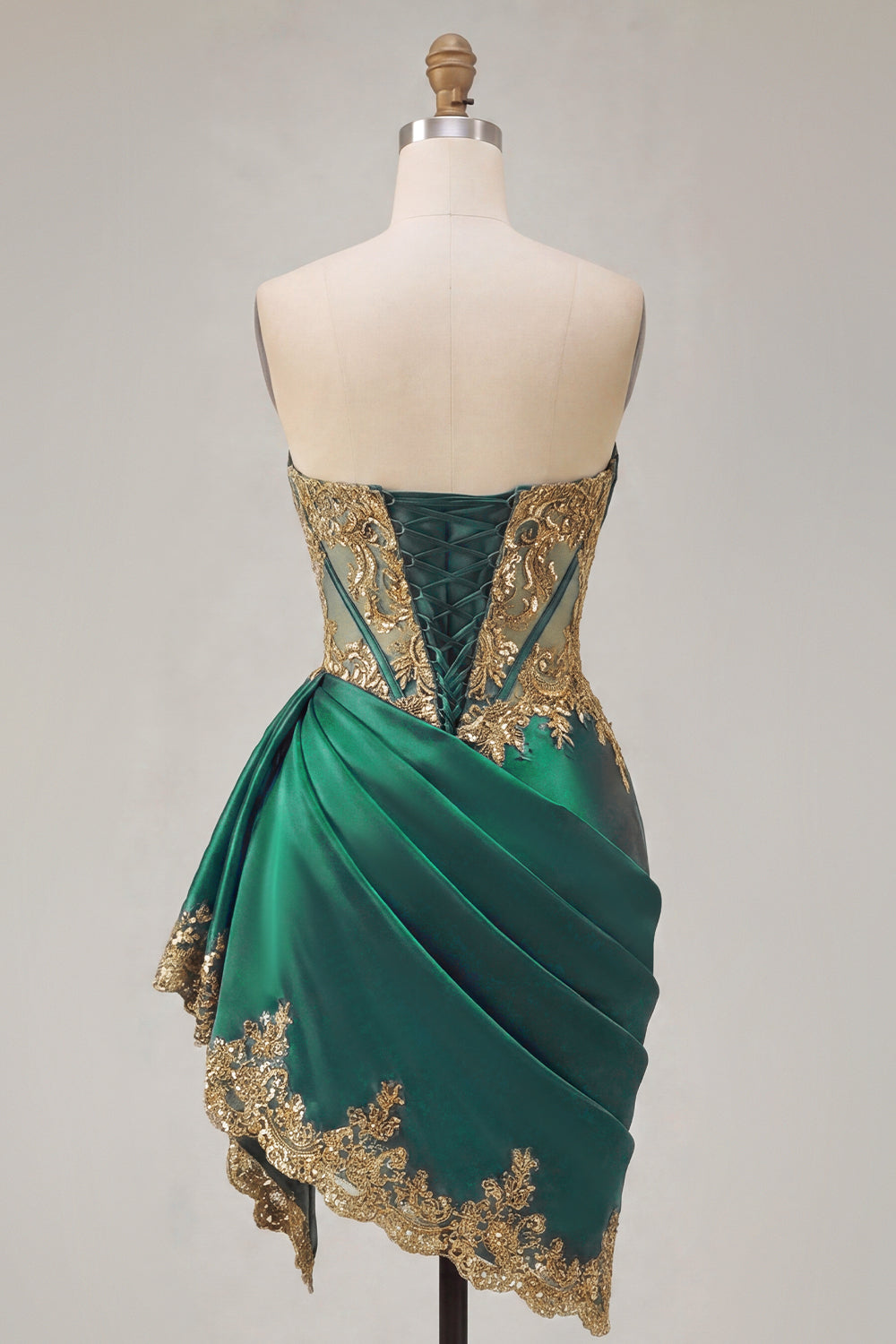Strapless Corset Ruched Short Sparkly Dark Green Appliqued Homecoming Dress with Ruffles