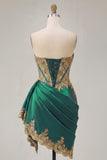 Strapless Corset Ruched Short Sparkly Dark Green Appliqued Homecoming Dress with Ruffles