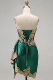 Strapless Corset Ruched Short Sparkly Dark Green Appliqued Homecoming Dress with Ruffles