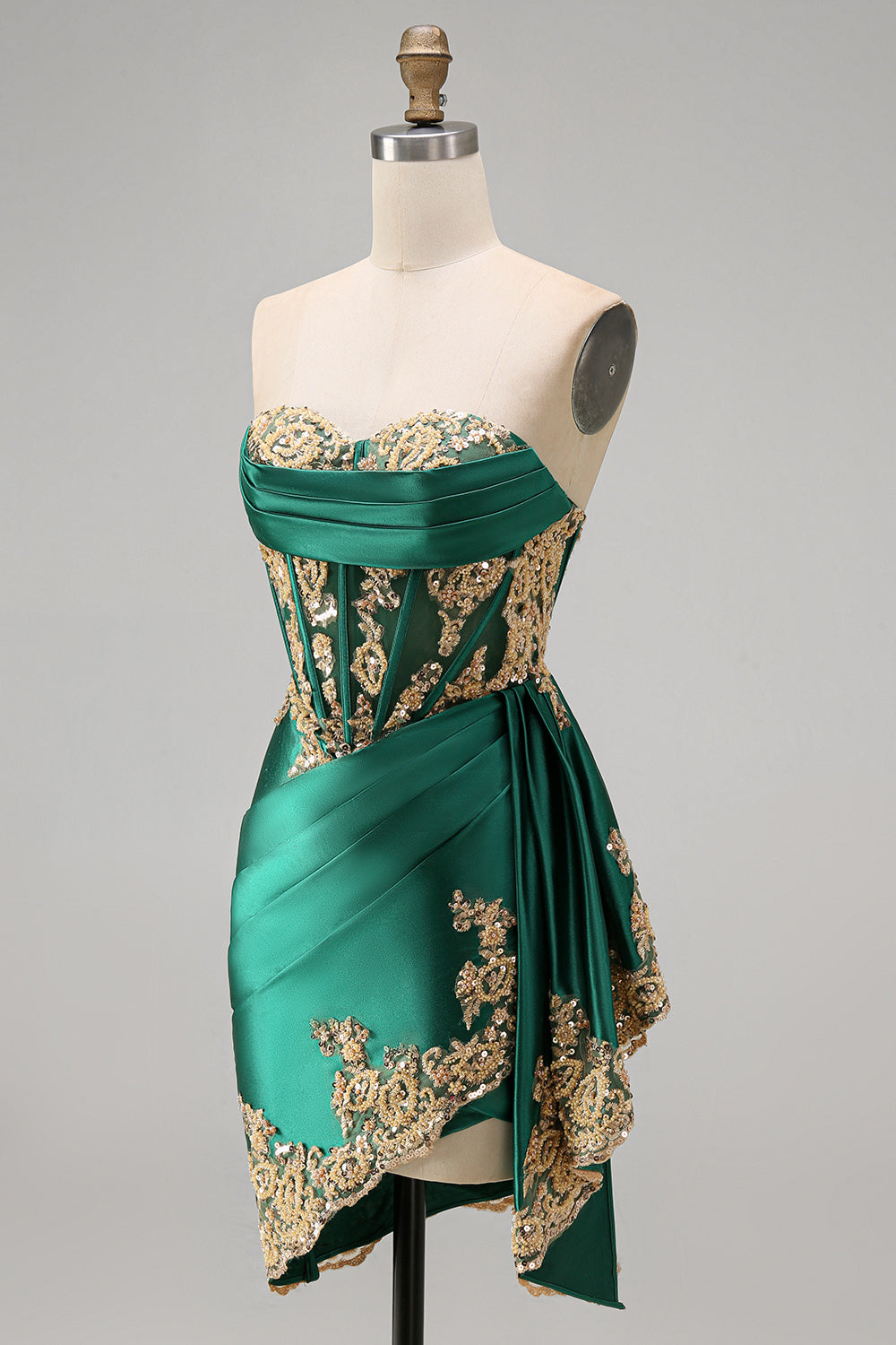 Strapless Corset Ruched Short Sparkly Dark Green Appliqued Homecoming Dress with Ruffles