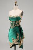 Strapless Corset Ruched Short Sparkly Dark Green Appliqued Homecoming Dress with Ruffles