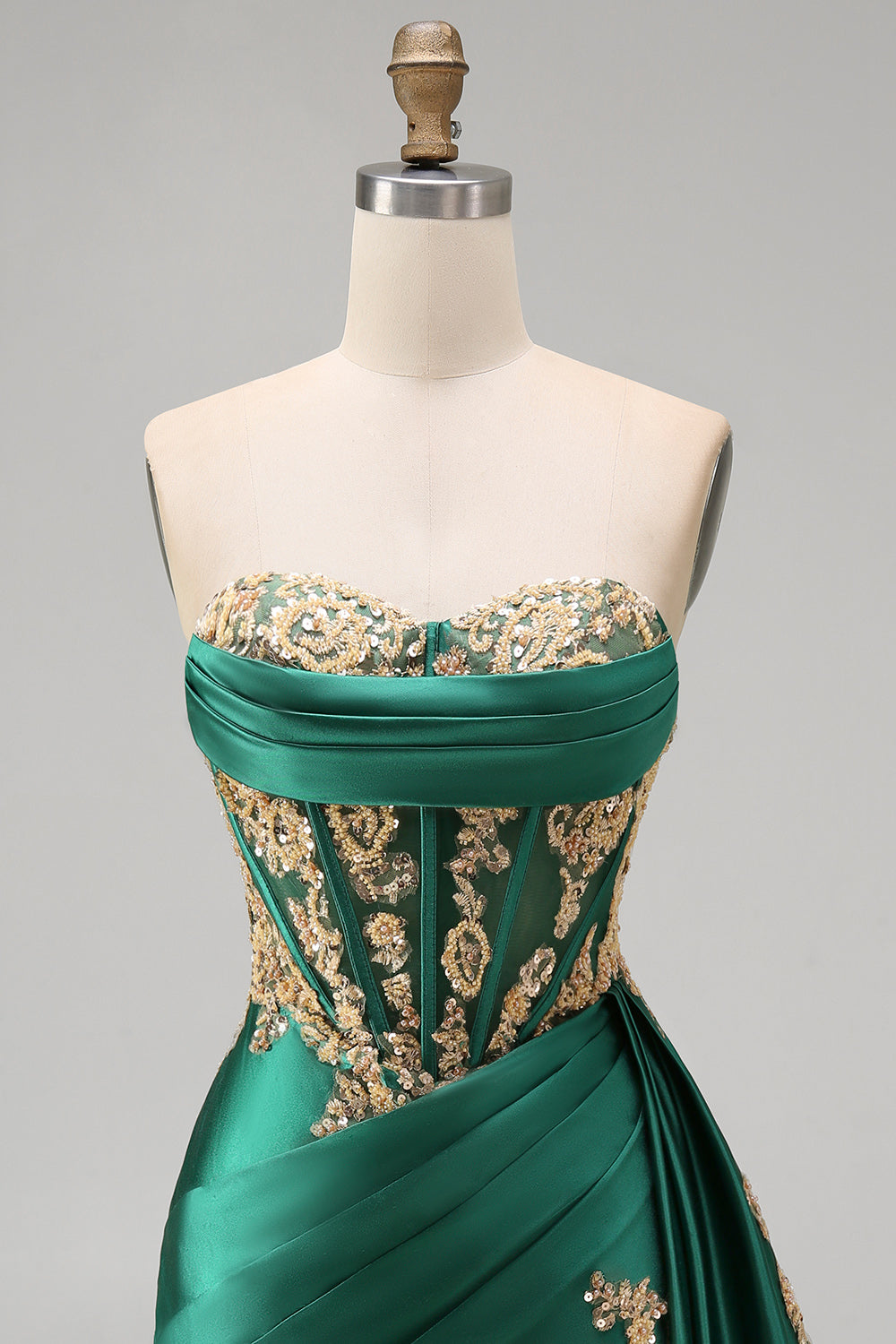 Strapless Corset Ruched Short Sparkly Dark Green Appliqued Homecoming Dress with Ruffles