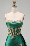 Strapless Corset Ruched Short Sparkly Dark Green Appliqued Homecoming Dress with Ruffles
