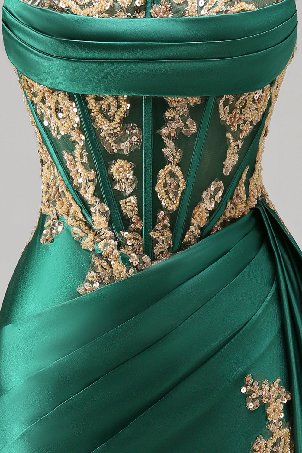 Strapless Corset Ruched Short Sparkly Dark Green Appliqued Homecoming Dress with Ruffles