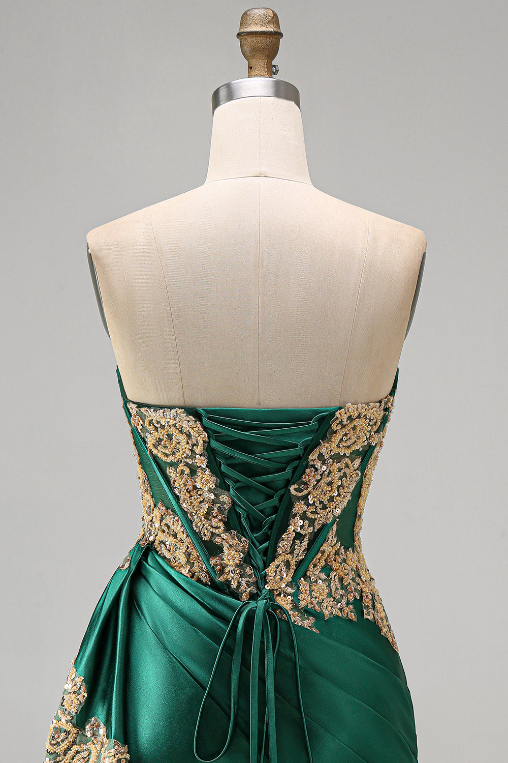 Strapless Corset Ruched Short Sparkly Dark Green Appliqued Homecoming Dress with Ruffles
