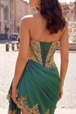 Strapless Corset Ruched Short Sparkly Dark Green Appliqued Homecoming Dress with Ruffles