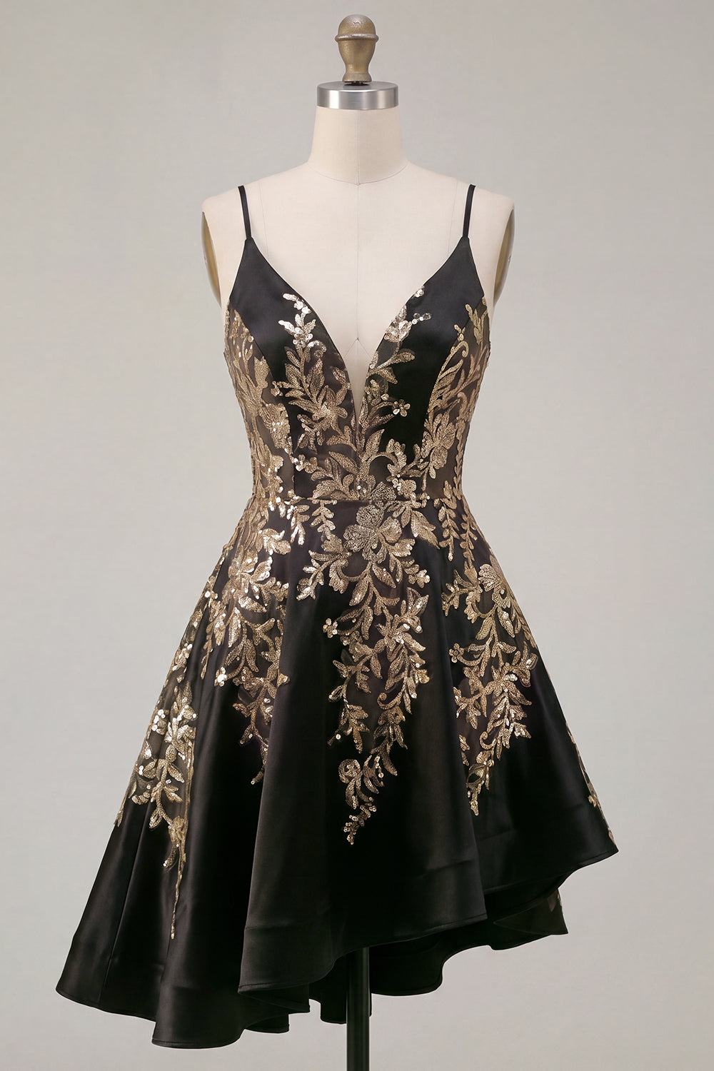 V-Neck Asymmetrical A Line Sparkly Black Sequin Homecoming Dress