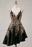 V-Neck Asymmetrical A Line Sparkly Black Sequin Homecoming Dress